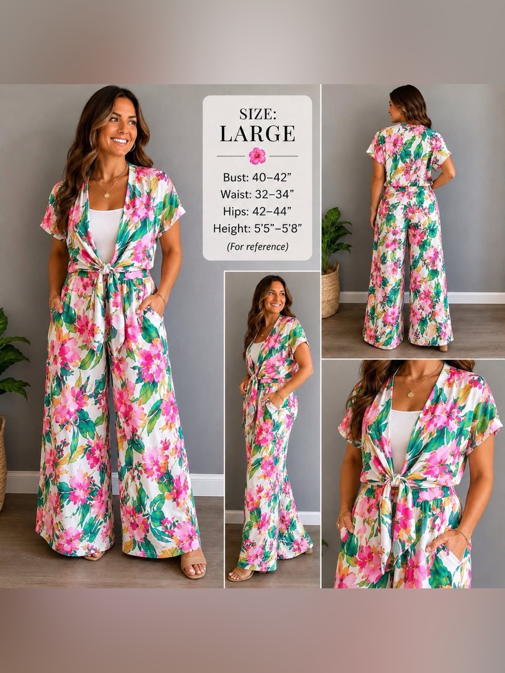 Women’s Floral Wide Leg Jumpsuit Large Pink Green Tropical Print